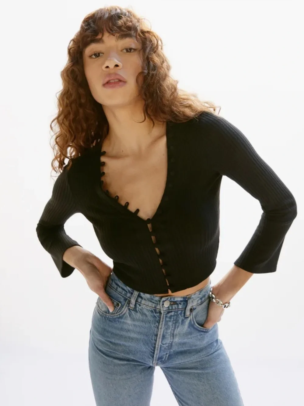 Reformation Kalina Knit Top Black V-Neck Button Front Ribbed Cardigan Size S
